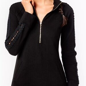 Lilly Pulitzer Woman’s Lg Black Dress 1/4 Zip Gold Zipper Lace Cut Out Sleeves